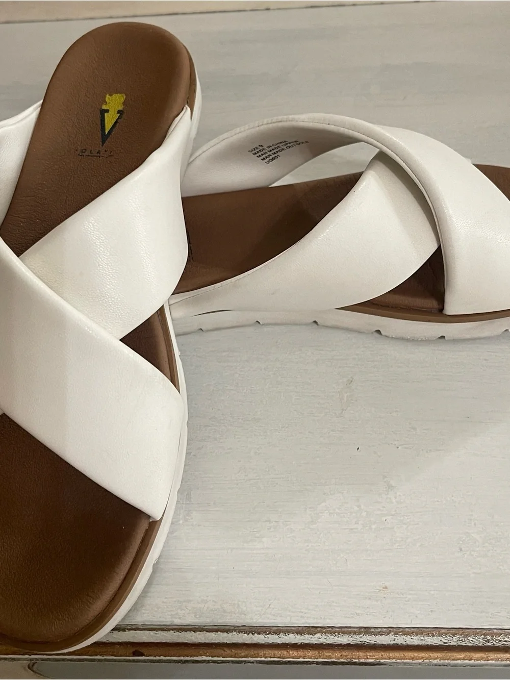 Volatile White Crossband Slide Sandals with Brown Footbed